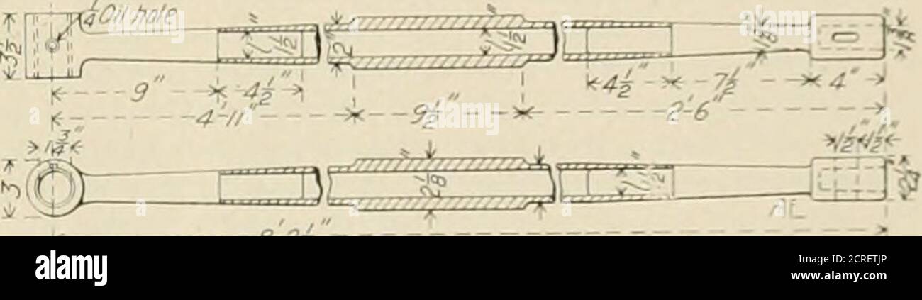 . American engineer and railroad journal . (-uide for Hj.Ij.v Va.ve Rod.. &lt; e-Pi Hollow Valve Rod.Richmond Locomotive Works. 9 feet 6 inches, it is desirable to furnish a guide, which, in thiscase, is in the form of a bushing made in halves and taperedso that it may be drawn up easily to suit the valve stem. Totake up lost motion, due to wear, the edges of the split bush-ing are pared off and it Is drawn in closer than before, so asto close to the correct position for the stem. These hollowvalve stems are in use upon a number of 10-wheel engines onthe Southern Railway and also on passenger Stock Photo