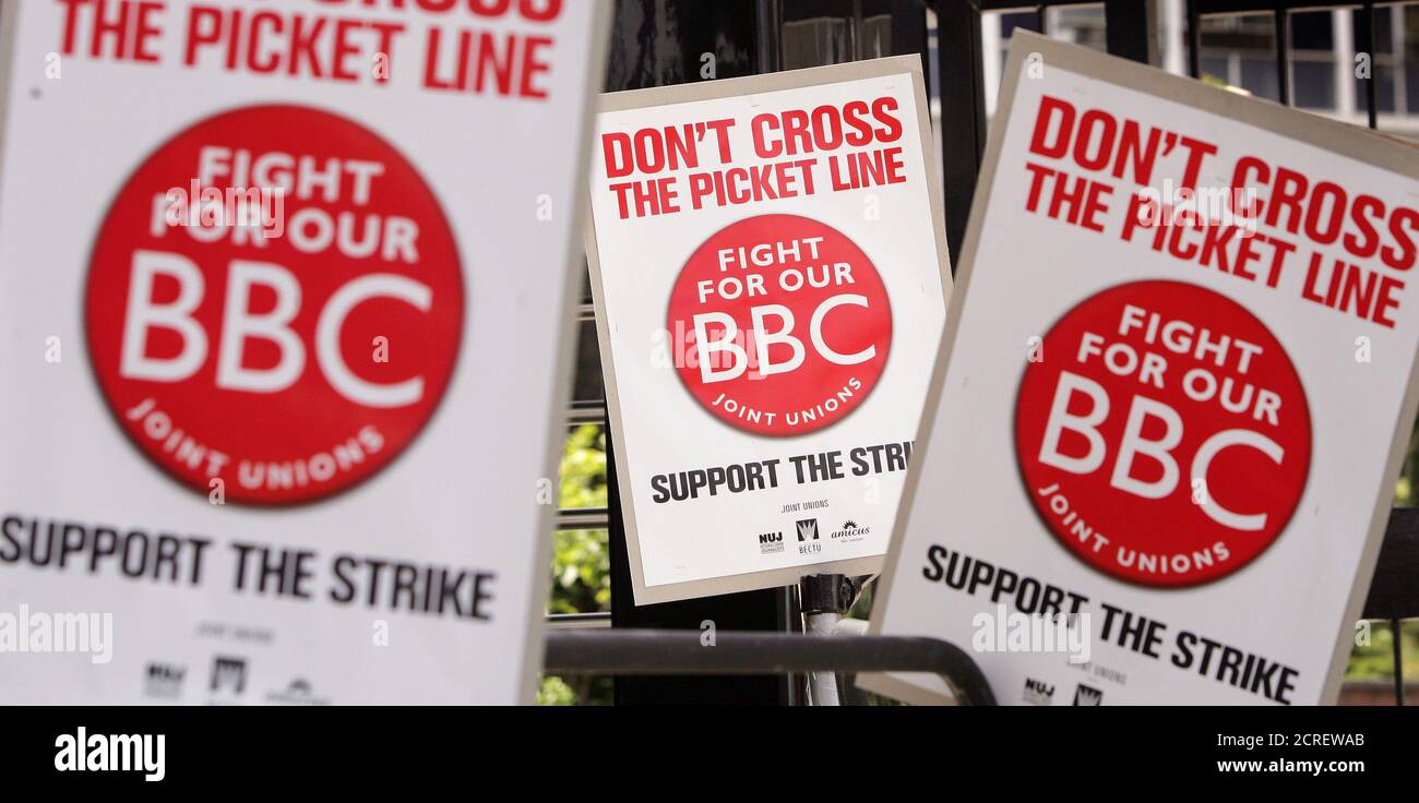 BBC workers picket outside Television Centre in London during the 24 hour  strike over proposed job cuts in the corporation May 23, 2005. Britain  revered public broadcaster suffered its most serious strike