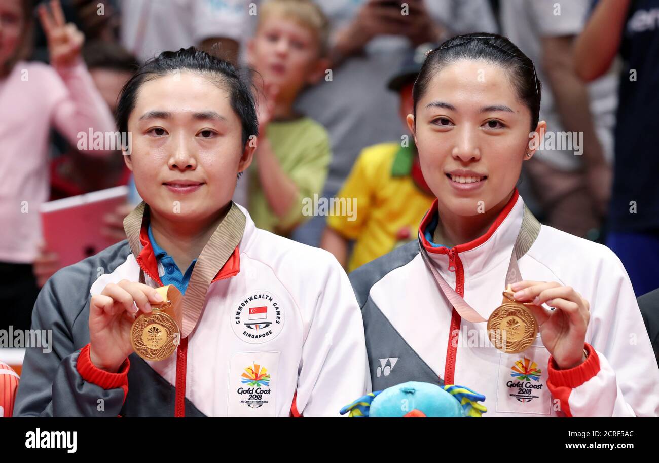 Table Tennis - Gold Coast 2018 Commonwealth Games - Women's Doubles Gold Medal  Medal Ceremony - Oxenford Studios - Gold Coast, Australia - April 13, 2018  - Gold medalists Tianwei Feng and