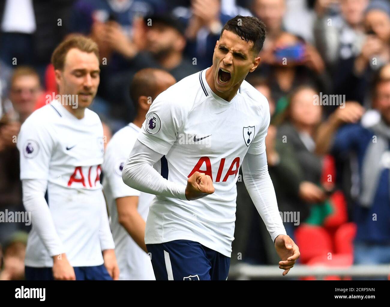 Soccer Football - Premier League - Tottenham Hotspur vs Leicester City - Wembley Stadium, London, Britain - May 13, 2018   Tottenham's Erik Lamela celebrates scoring their fourth goal    REUTERS/Dylan Martinez    EDITORIAL USE ONLY. No use with unauthorized audio, video, data, fixture lists, club/league logos or 'live' services. Online in-match use limited to 75 images, no video emulation. No use in betting, games or single club/league/player publications.  Please contact your account representative for further details. Stock Photo