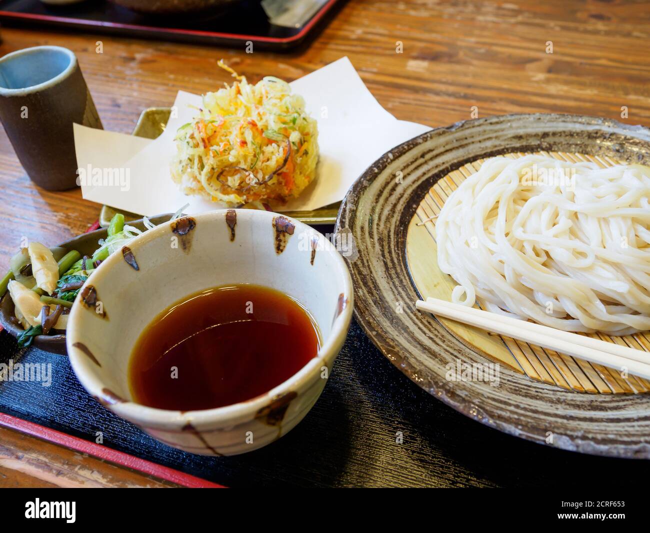 Cold ramen noodles and tempura in a restaurant in Tokyo, Japan Stock Photo