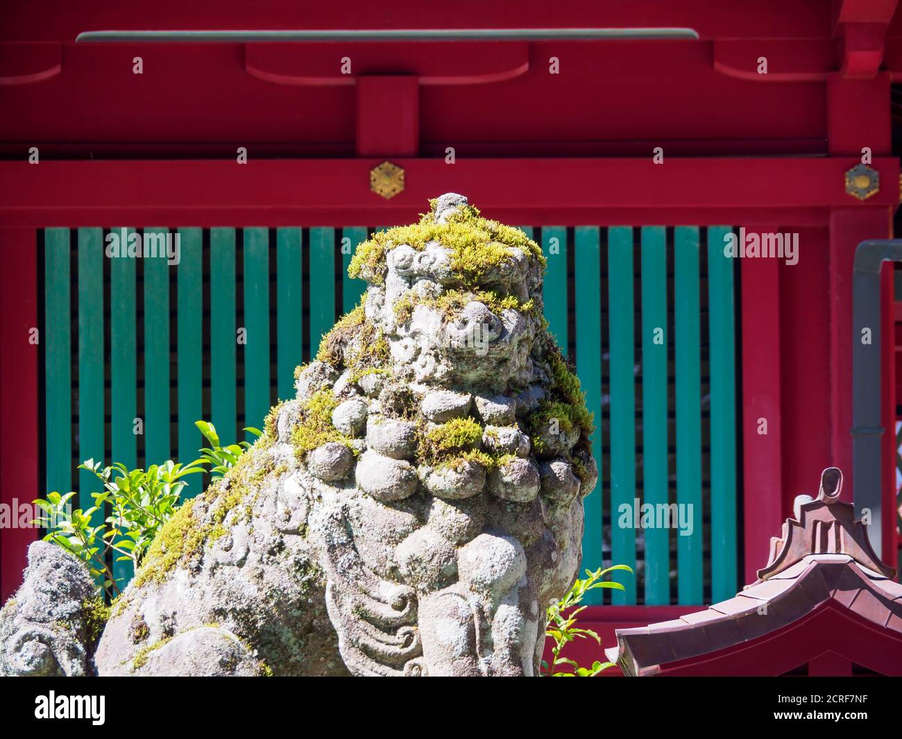 Stone lion dog at a Buddhist temple in Hakone, Japan Stock Photo