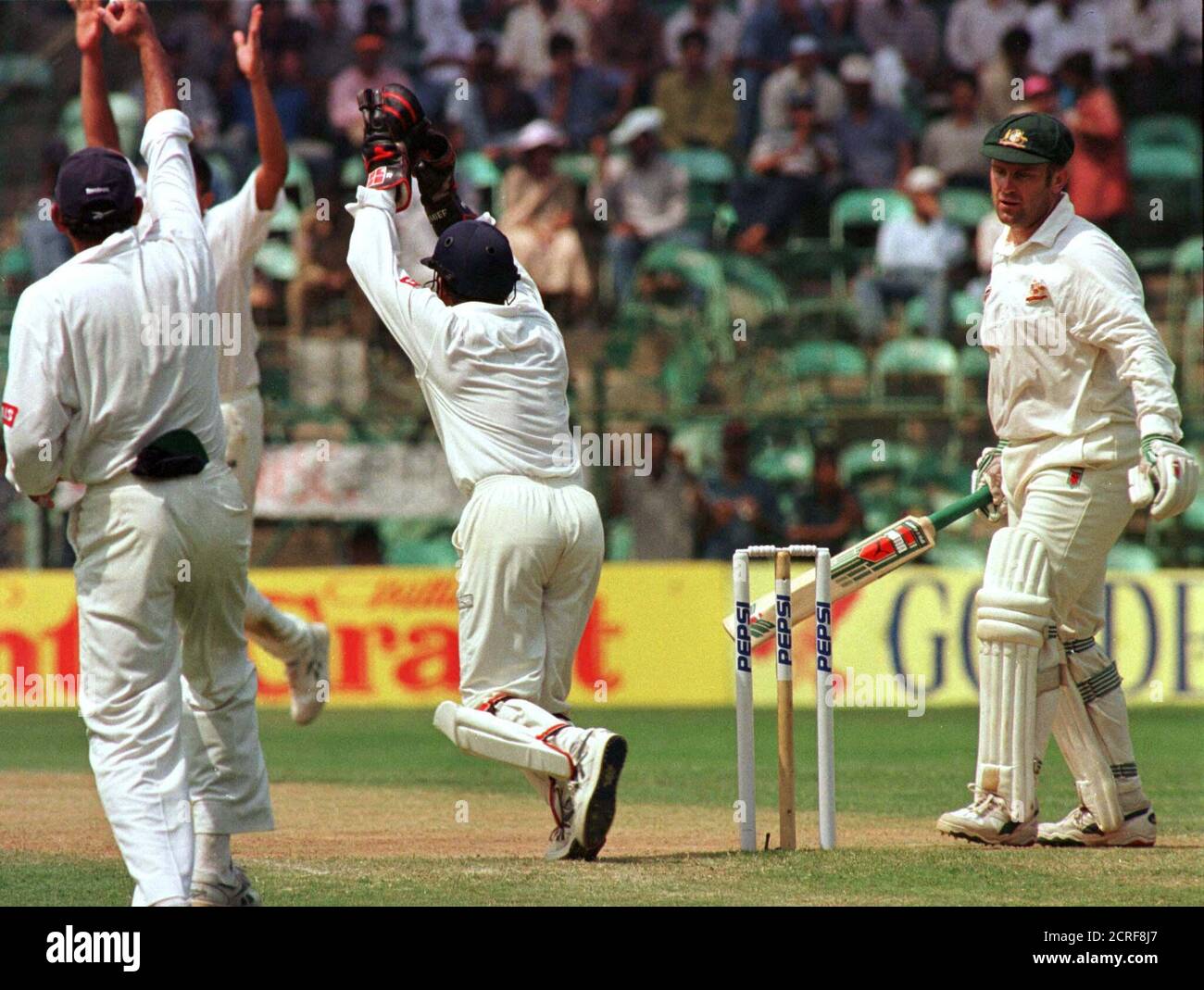 Indian Cricketers Celebrate The Dismissal Of Australian Cricket Captain Mark Taylor R In The Second Day S Play Of The Third And Final Test Match Between The Two Countries In Bangalore March 26 Indian Cricketers Celebrate The Dismissal Of Australian Cricket Captain Mark Taylor R In The Second Day S Play Of The Third And Final Test Match Between The Two Countries In Bangalore March 26