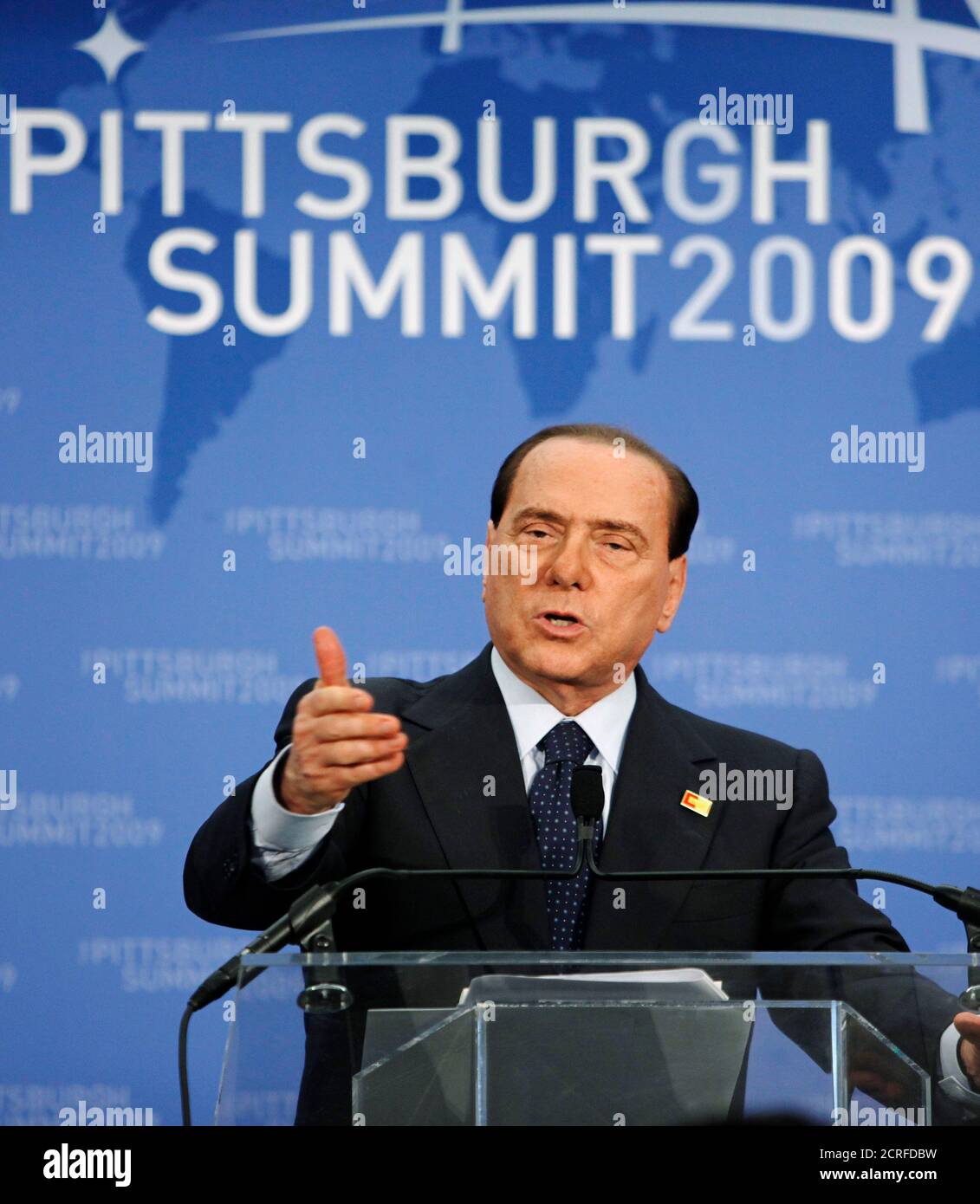 Italy's Prime Minister Silvio Berlusconi speaks about the results of the G20 Summit at a post summit news conference after the conclusion of the summit in the Pittsburgh Convention Center in Pittsburgh, Pennsylvania, September 25, 2009. REUTERS/Jim Bourg (UNITED STATES POLITICS) Stock Photo