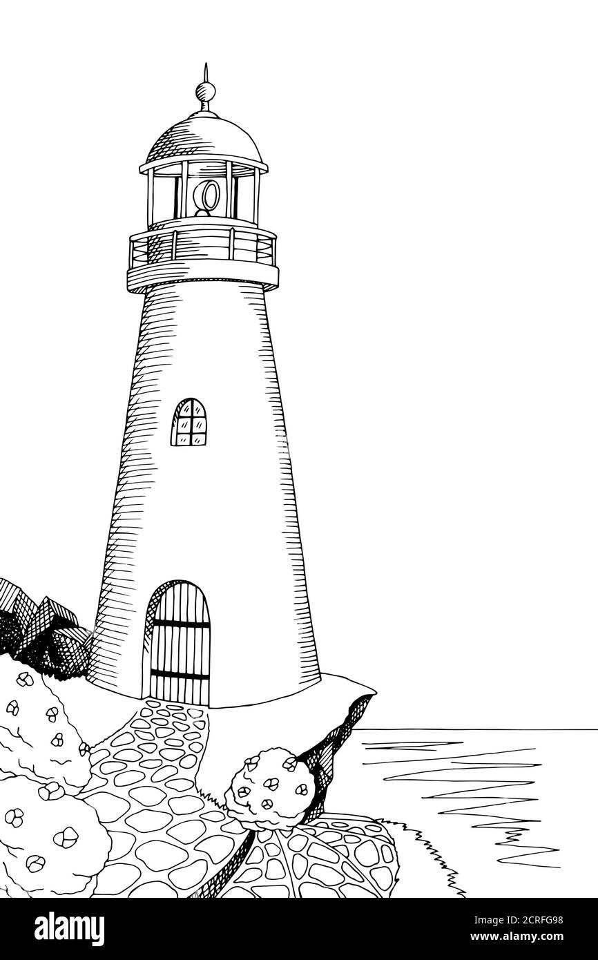 Lighthouse graphic art black white sea landscape illustration vector Stock Vector