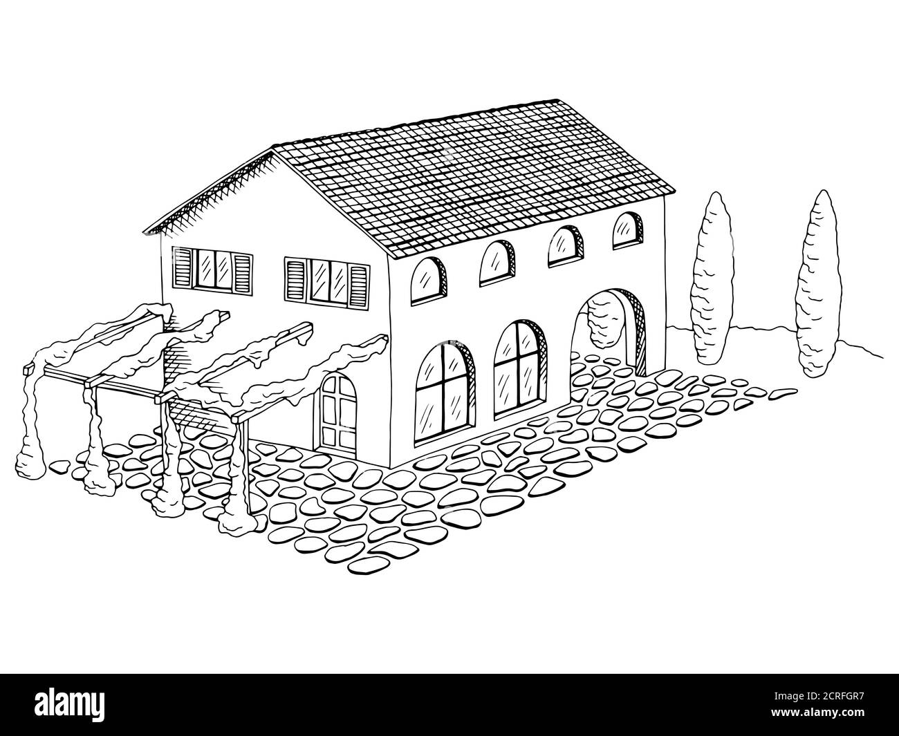 Village villa house graphic art black white landscape illustration vector Stock Vector