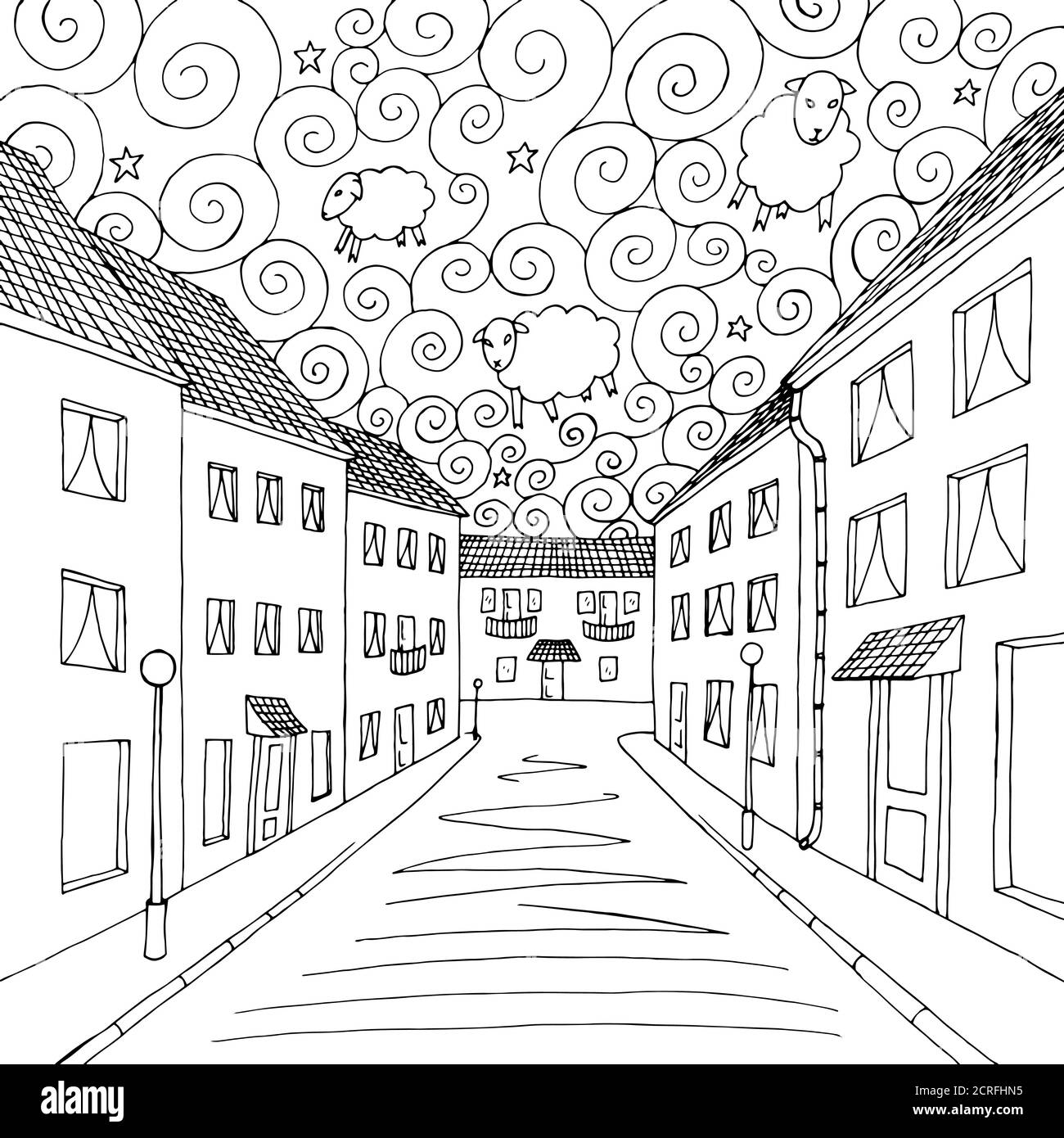 Dreams city graphic art black white illustration vector Stock Vector
