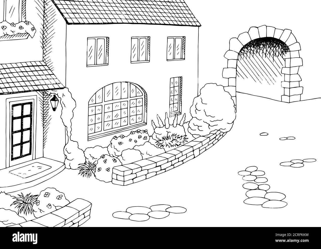 Town old house yard graphic art black white illustration vector Stock Vector