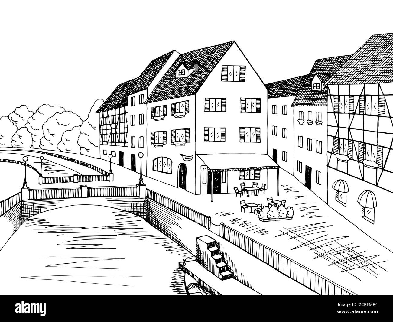 Old town river bridge house graphic art black white illustration vector Stock Vector
