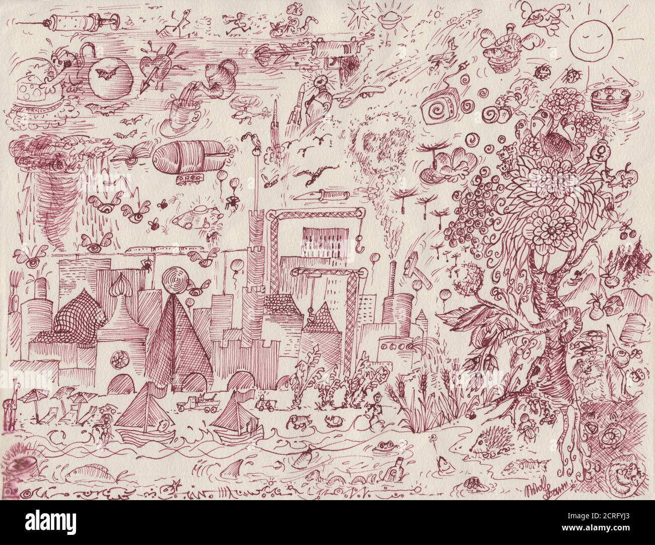 Pen drawing full with details called dreamworld. Dark red ink used. It looks a bit like Alice in Wonderland Stock Photo