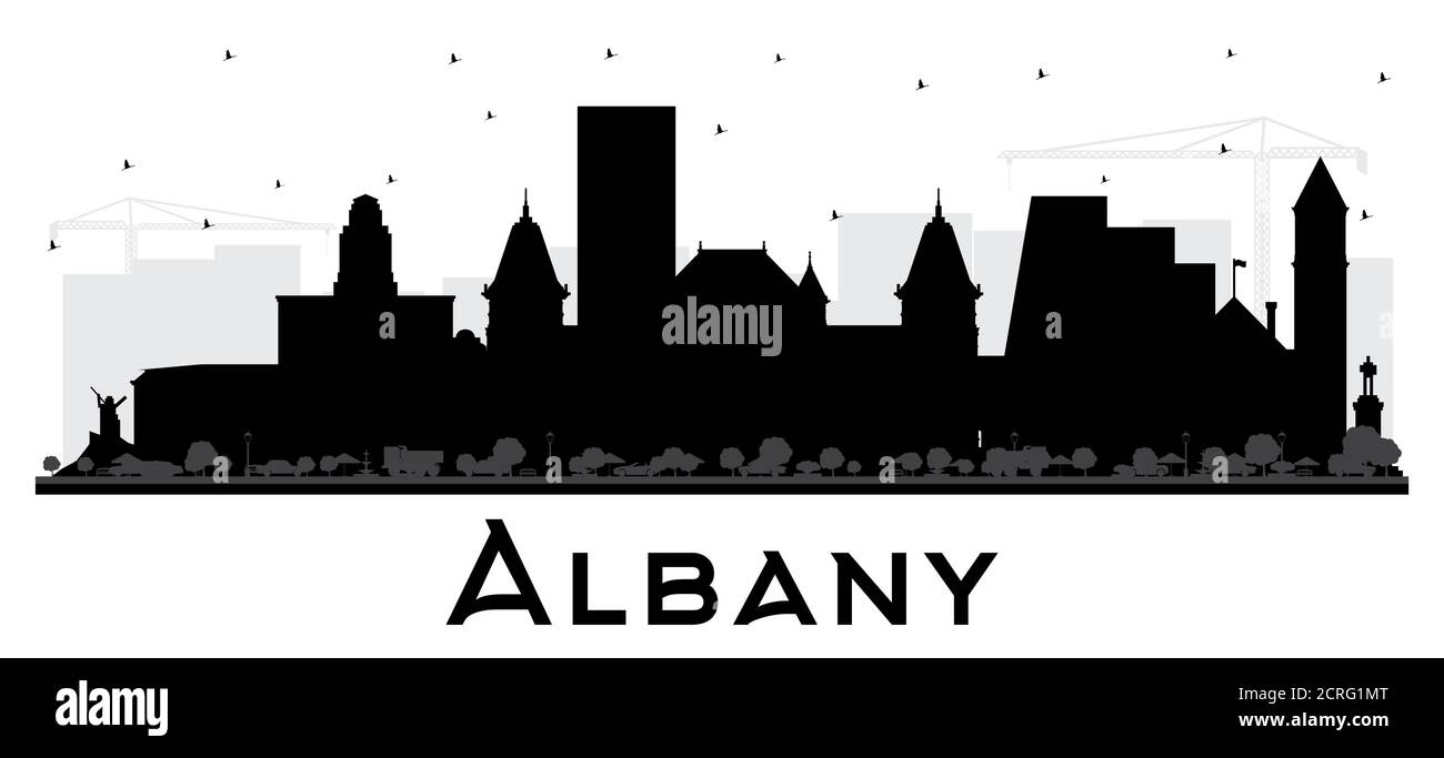 Albany New York City Skyline Silhouette with Black Buildings Isolated on White. Vector Illustration. Albany USA Cityscape with Landmarks. Stock Vector