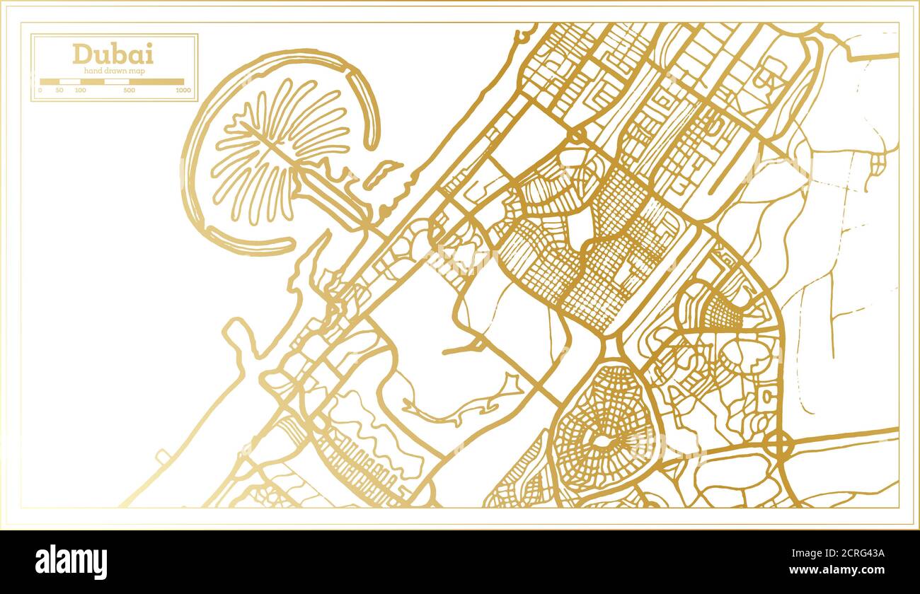 Dubai UAE City Map in Retro Style in Golden Color. Outline Map. Vector Illustration. Stock Vector