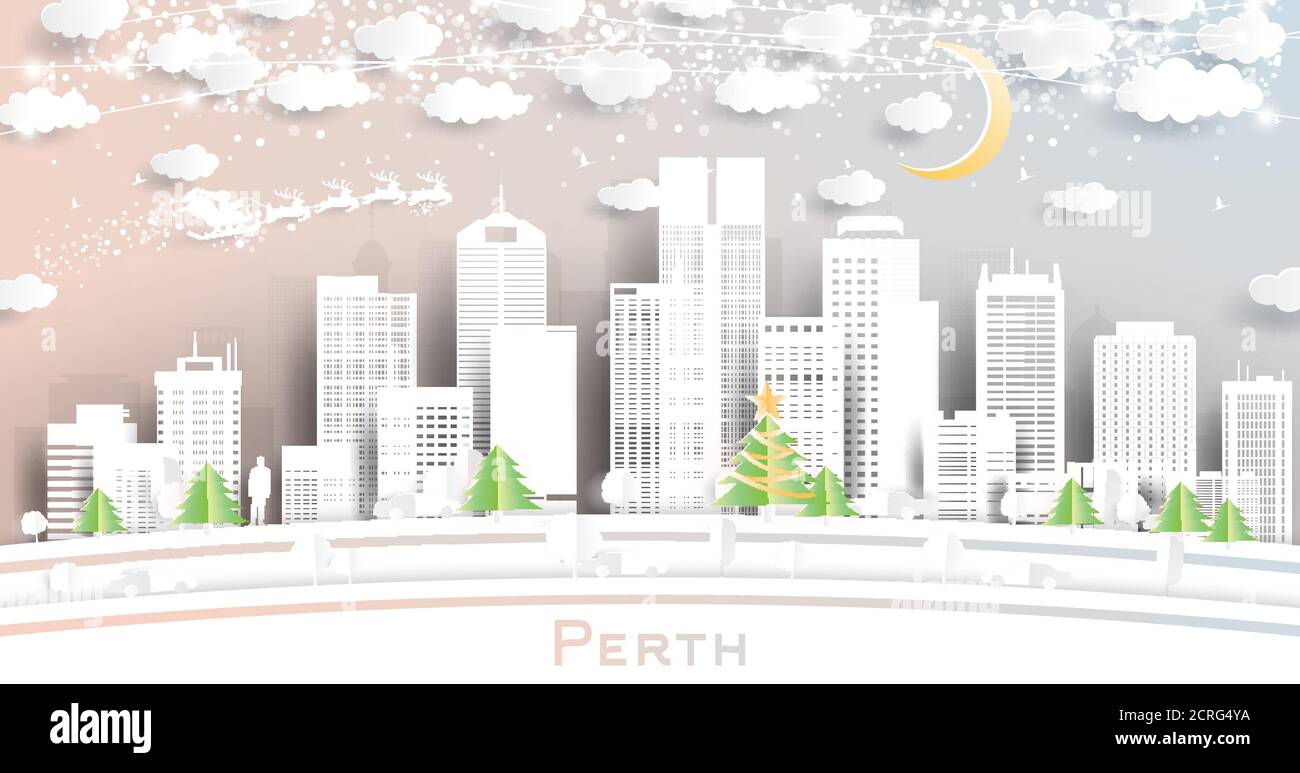 Perth Australia City Skyline in Paper Cut Style with Snowflakes, Moon and Neon Garland. Vector Illustration. Christmas and New Year Concept. Santa. Stock Vector