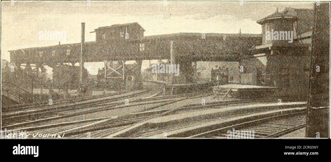 . The Street railway journal . FIG. 6.—ENGINE AND PUMP ROOMS—TERMINAL STATION OF SECOND AND THIRD AVENUE ELEVATED RAILWAYS, NEW YORK. The entire structure is provided with facilities for coalingten locomotives at a time. The locomotives of the Sec-ond Avenue and suburban lines are coaled from the southend of the station (Fig. 8), the arrangements beingsimilar to those provided for the Third Avenue engines.Located beneath the elevated structure are extensive costs, delivered, $3.55 per ton, and the average weightconsumed per train mile is 38.83 lbs., costing 7 cts., anunusually economical resul Stock Photo