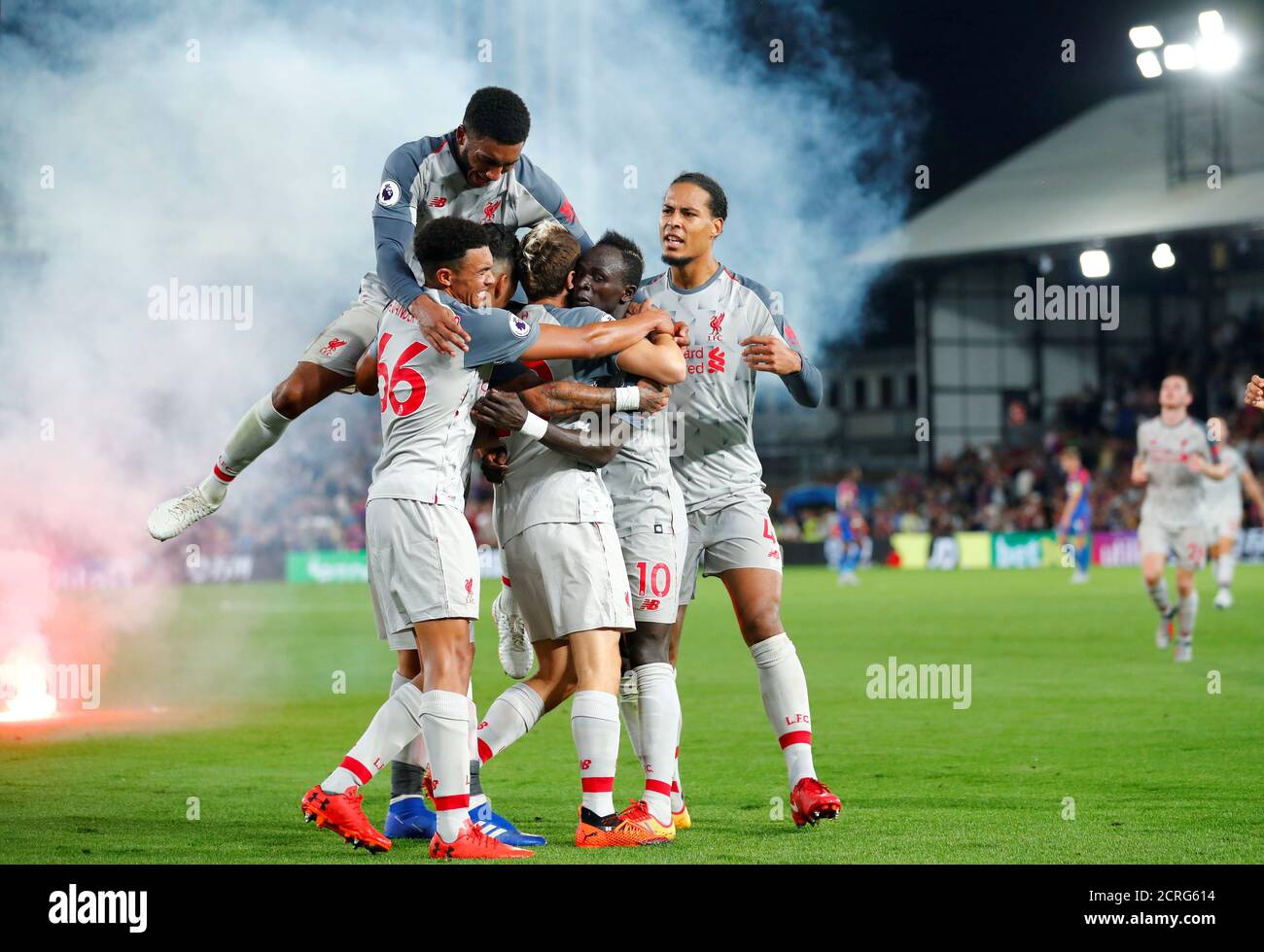 Soccer Football - Premier League - Crystal Palace v Liverpool - Selhurst Park, London, Britain - August 20, 2018  Liverpool's Sadio Mane celebrates scoring their second goal with team mates                     REUTERS/Eddie Keogh  EDITORIAL USE ONLY. No use with unauthorized audio, video, data, fixture lists, club/league logos or 'live' services. Online in-match use limited to 75 images, no video emulation. No use in betting, games or single club/league/player publications.  Please contact your account representative for further details.      TPX IMAGES OF THE DAY Stock Photo