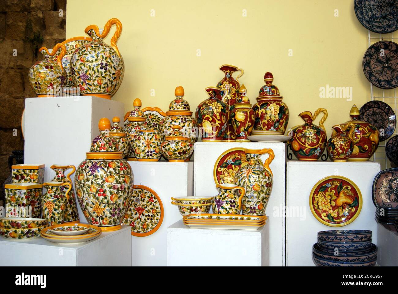 Display of colourful Spanish pottery in the city centre, Cordoba, Spain