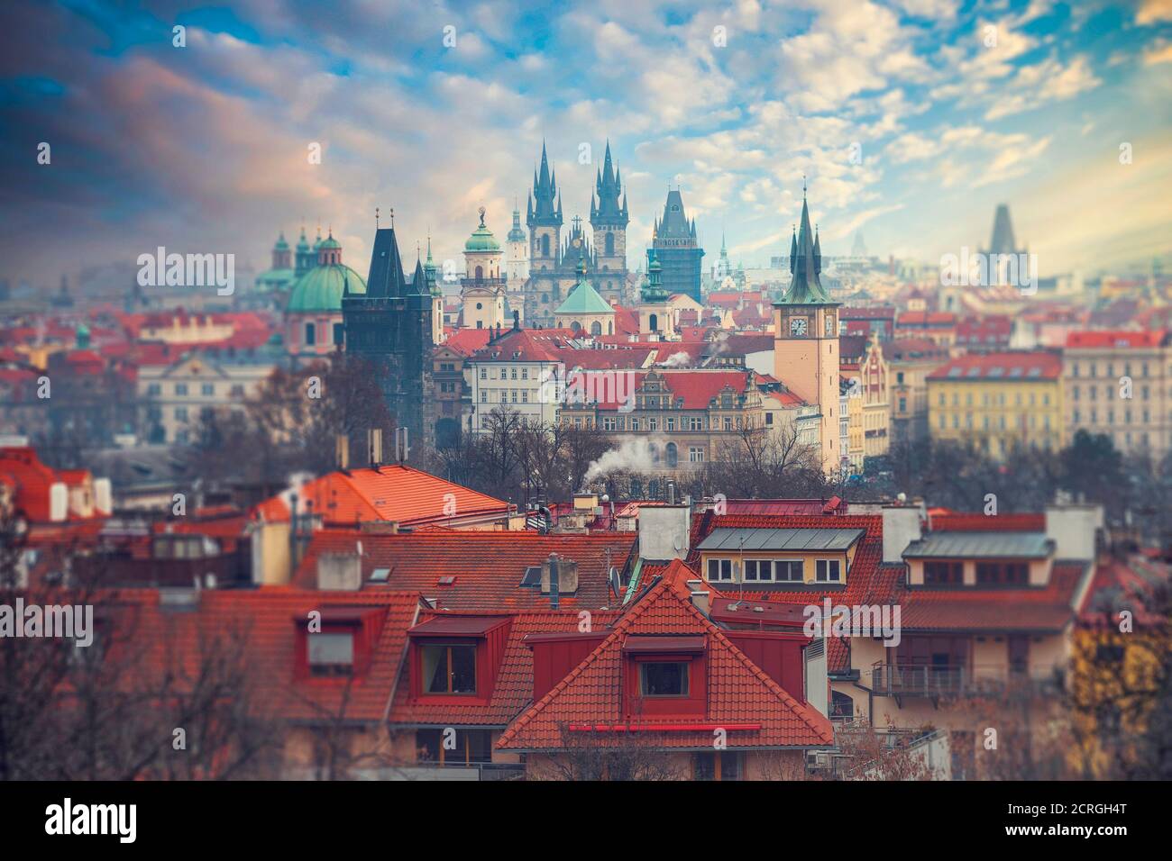 Prague Old town square, Tyn Cathedral. under sunlight. Stock Photo