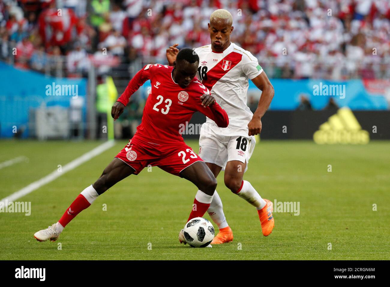 Soccer Football World Cup Group C Peru Vs Denmark Mordovia Arena Saransk Russia June 16 18 Denmark S Pione Sisto In Action With Peru S Andre Carrillo Reuters Max Rossi Stock Photo Alamy