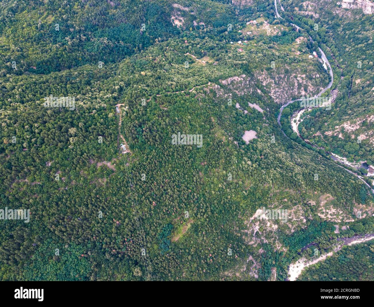 Aerial view of Chepelarska River (Chaya) passing through the Rhodope ...