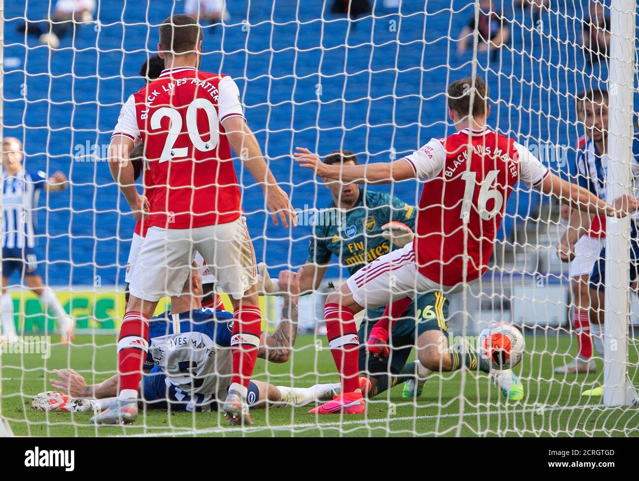 Lewis Dunk (number 5) equalises for Brighton during the Premier League match at the AMEX Stadium, Brighton.  PHOTO CREDIT : © MARK PAIN / ALAMY STOCK Stock Photo