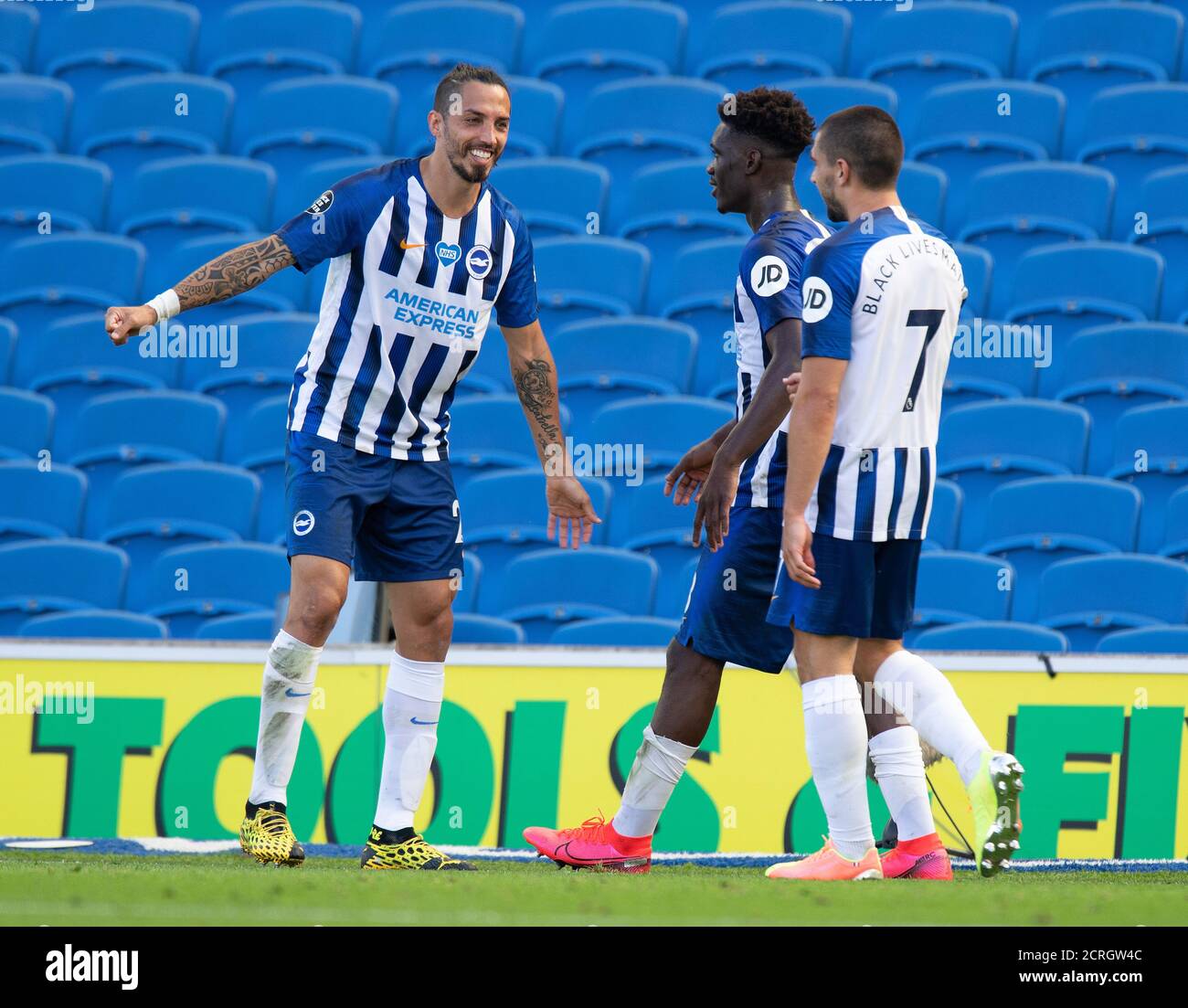 Neal Maupay celebrates scoring the winning goal for Brighton during the Premier League match at the AMEX Stadium, Brighton.   PHOTO CREDIT : © MARK PA Stock Photo