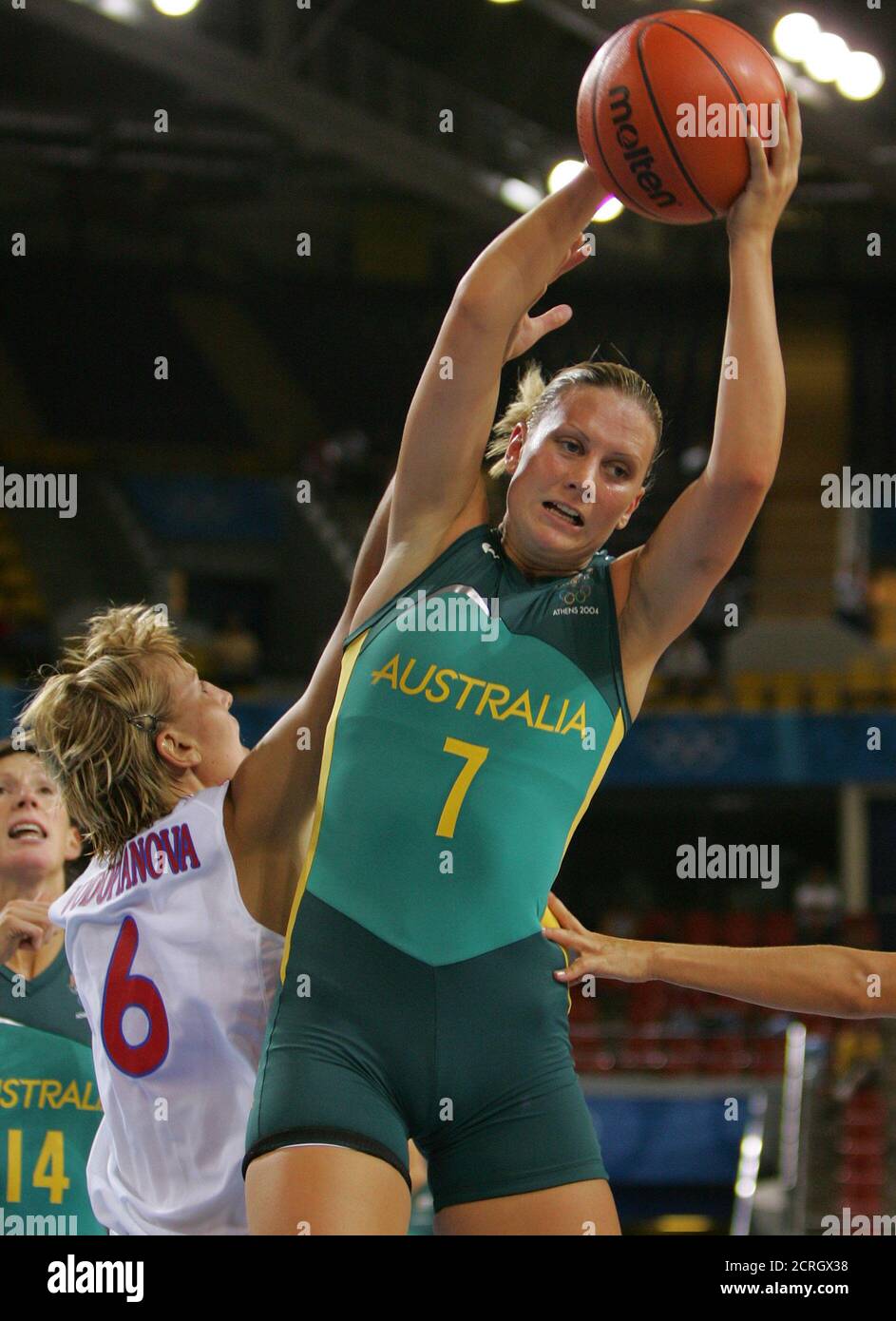 Australia S Penny Taylor Rebounds Above Russia S Natalia Vodopyanova During Australia S 75 56 Win In Their Preliminary Women S Basketball Game At The Athens 04 Olympic Games August 16 04 Taylor Lead The Scoring With