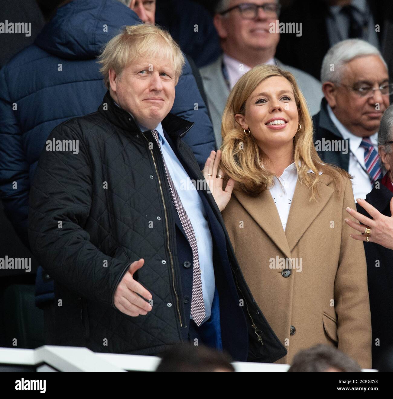 Prime Minister Boris Johnson and fiance Carrie Symonds at Twickenham. England v Wales. 7/3/2020.  PHOTO CREDIT : © MARK PAIN / ALAMY STOCK PHOTO Stock Photo