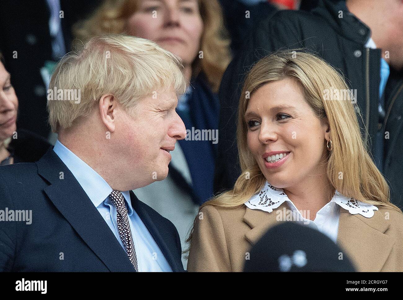Prime Minister Boris Johnson and fiance Carrie Symonds at Twickenham. England v Wales. 7/3/2020.  PHOTO CREDIT : © MARK PAIN / ALAMY STOCK PHOTO Stock Photo
