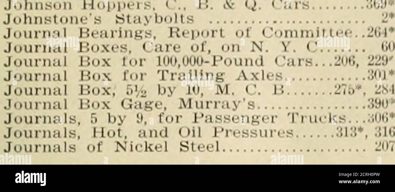 . American engineer and railroad journal . ical 19 Hocking Vallev Rv. 36-ft. 80.000 lbs. Car.. 5* Hollow Valve Stem and Guide 247* Hopper for Coal Car 355* Horse. Express Car. N. Y. C 310* Horse Power of Locomotives. Cole 176* Hose Specifications. Air Brake 381 Hot Boxes and Causes, Job 38* Hot Boxes. Prevention of. on N. Y. C 60 Hot Journals and Oil Pressures 313*, 316 Hot Water Heating for Shops 291 Howard Iron Works, Bolt Cutter 391* Ideal Fuel Feeder Co.s System 378* Illinois Central, Large Tenders 340* Illinois Central. Large Locomotive Boiler.242* Illinois Central Passenger Truck 306* Il Stock Photo