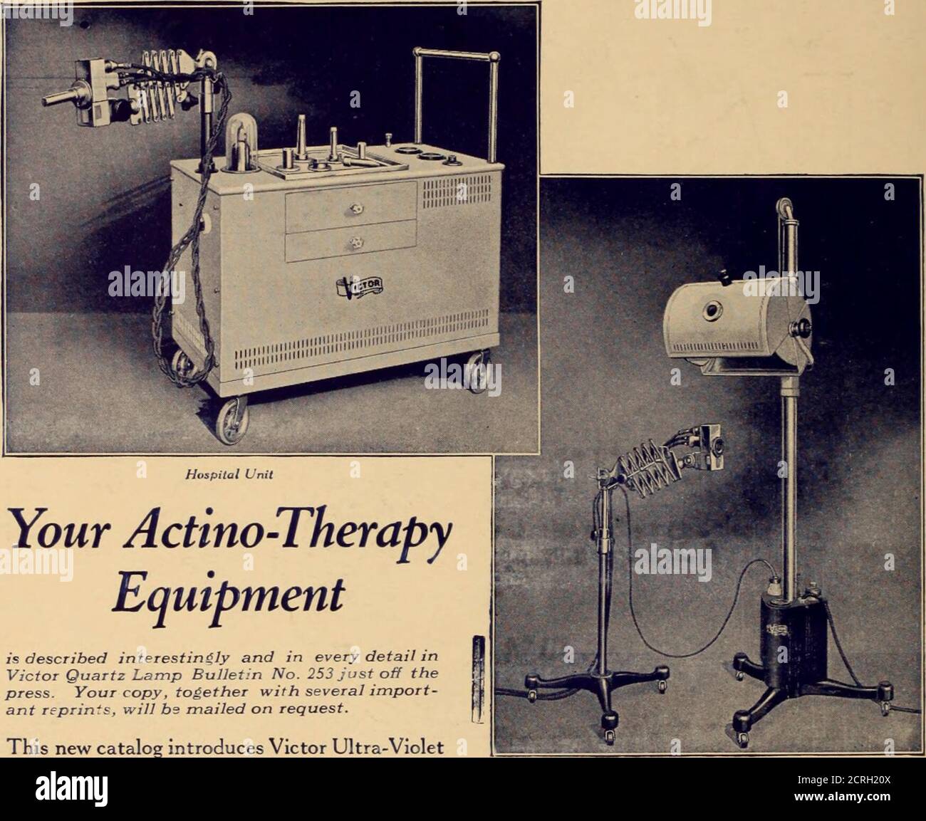 . Journal of radiology . Your Actino-TherapyEquipment is described interestingly and in every detail inVictor Quartz Lamp Bulletin No. 253 just off thepress. Your copy, together with several import-ant reprints, will bs mailed on request. This new catalog introduces Victor Ultra-VioletLamps, the most recent addition to the Victorline of Electro-Medical apparatus. These lampsare the well-known Burdick Models, embodyingadvanced ideas in electrical and mechanicaldesign and construction. Actino-Therapy has created a wide interest inthe medical sciences, and the increasing demandfor equipment is an Stock Photo