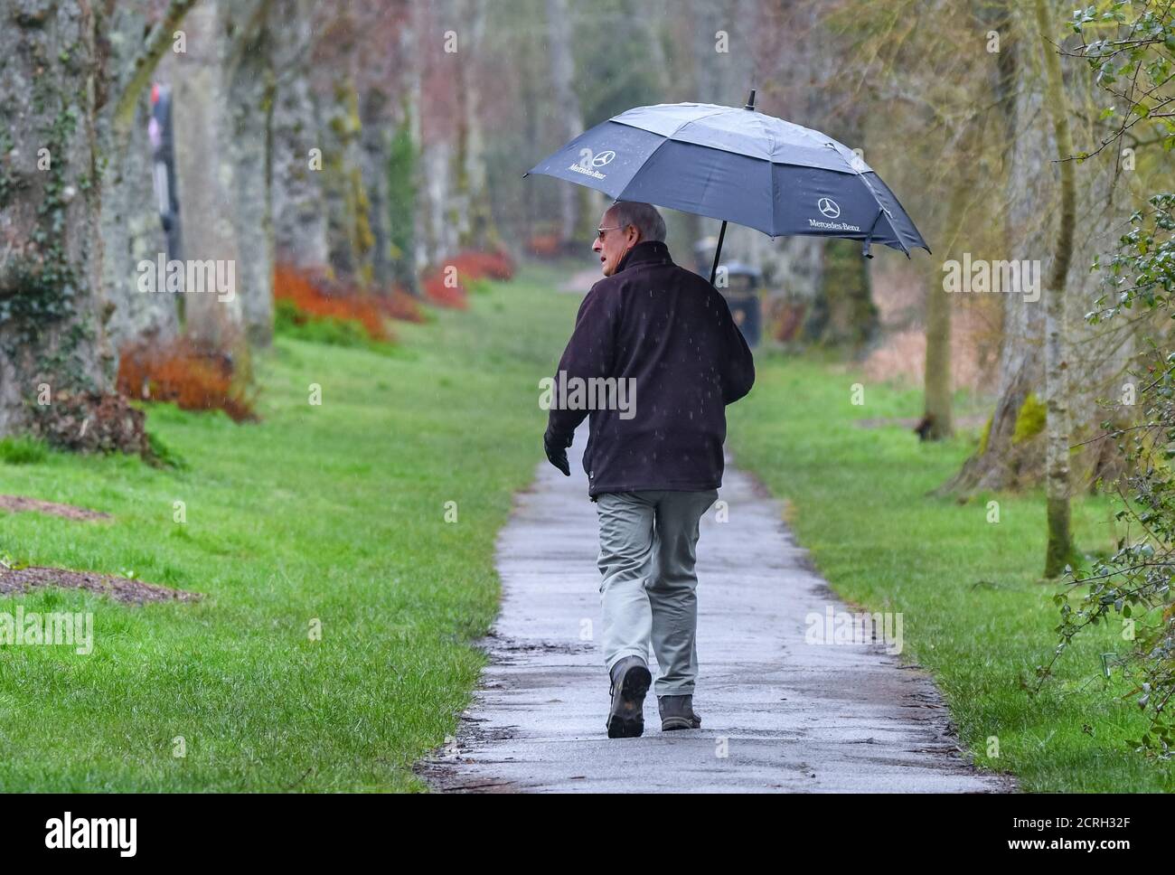 Senior elderly man walking in the rain along a path holding an umbrella while it's raining in England, UK. Stock Photo