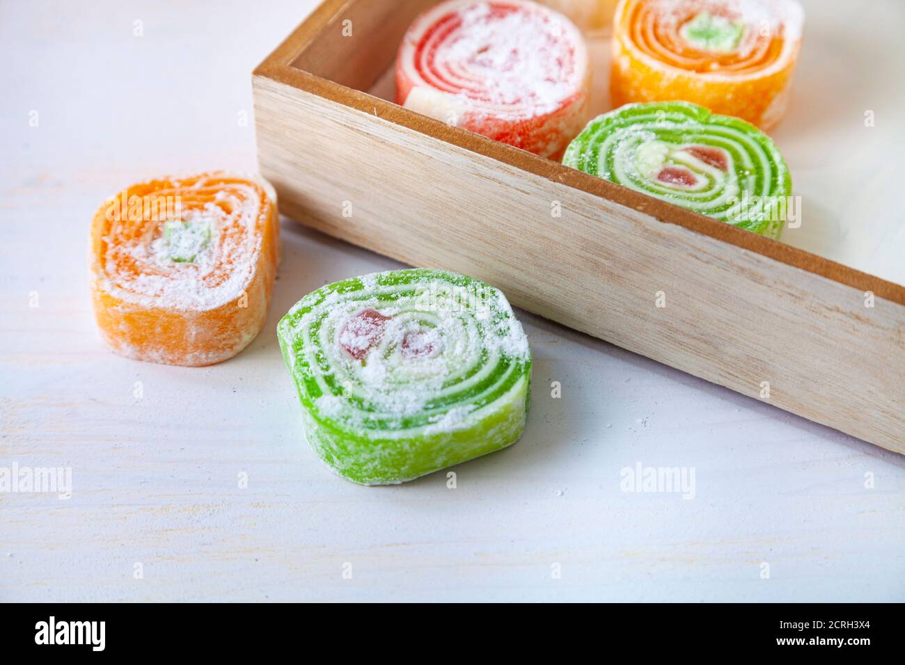 Turkish delight on a white table. Eastern sweets. Stock Photo