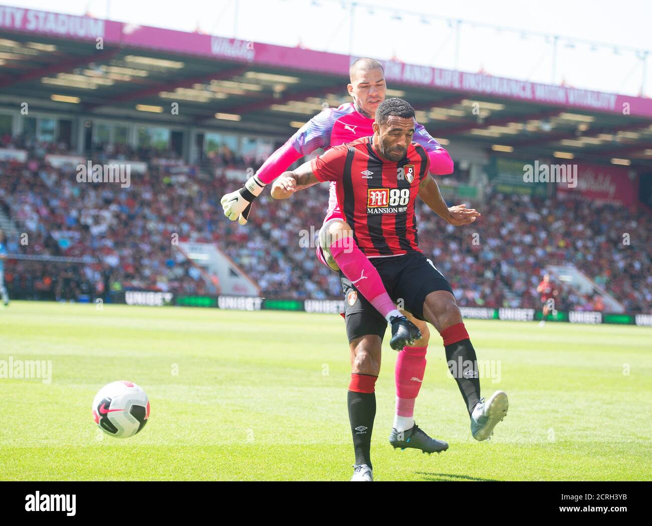 Manchester City's Goalkeeper Ederson challenges Bournemouth's Callum Wilson. PICTURE CREDIT : © MARK PAIN / ALAMY STOCK PHOTO Stock Photo