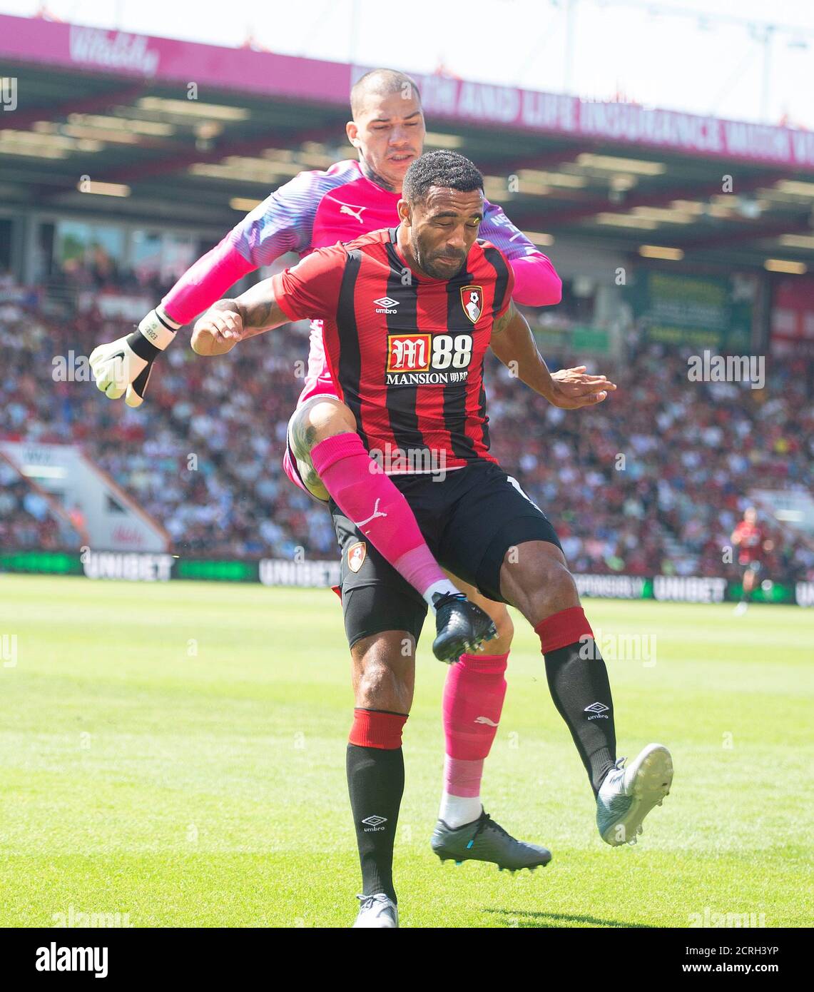 Manchester City's Goalkeeper Ederson challenges Bournemouth's Callum Wilson. PICTURE CREDIT : © MARK PAIN / ALAMY STOCK PHOTO Stock Photo