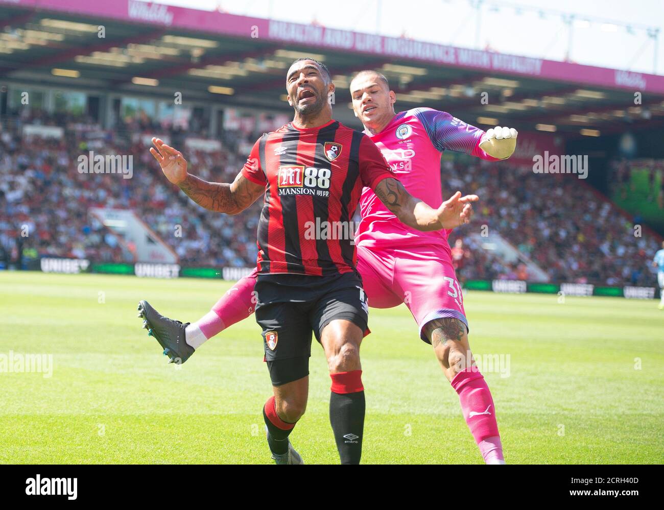 Manchester City's Goalkeeper Ederson challenges Bournemouth's Callum Wilson. PICTURE CREDIT : © MARK PAIN / ALAMY STOCK PHOTO Stock Photo