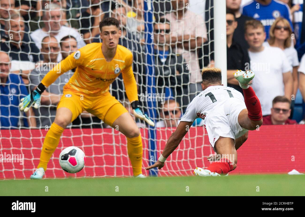 Chelsea's Kepa watches a close header from Sheffield United's Callum Robinson go just past the post.  PHOTO CREDIT : © MARK PAIN / ALAMY STOCK PHOTO Stock Photo