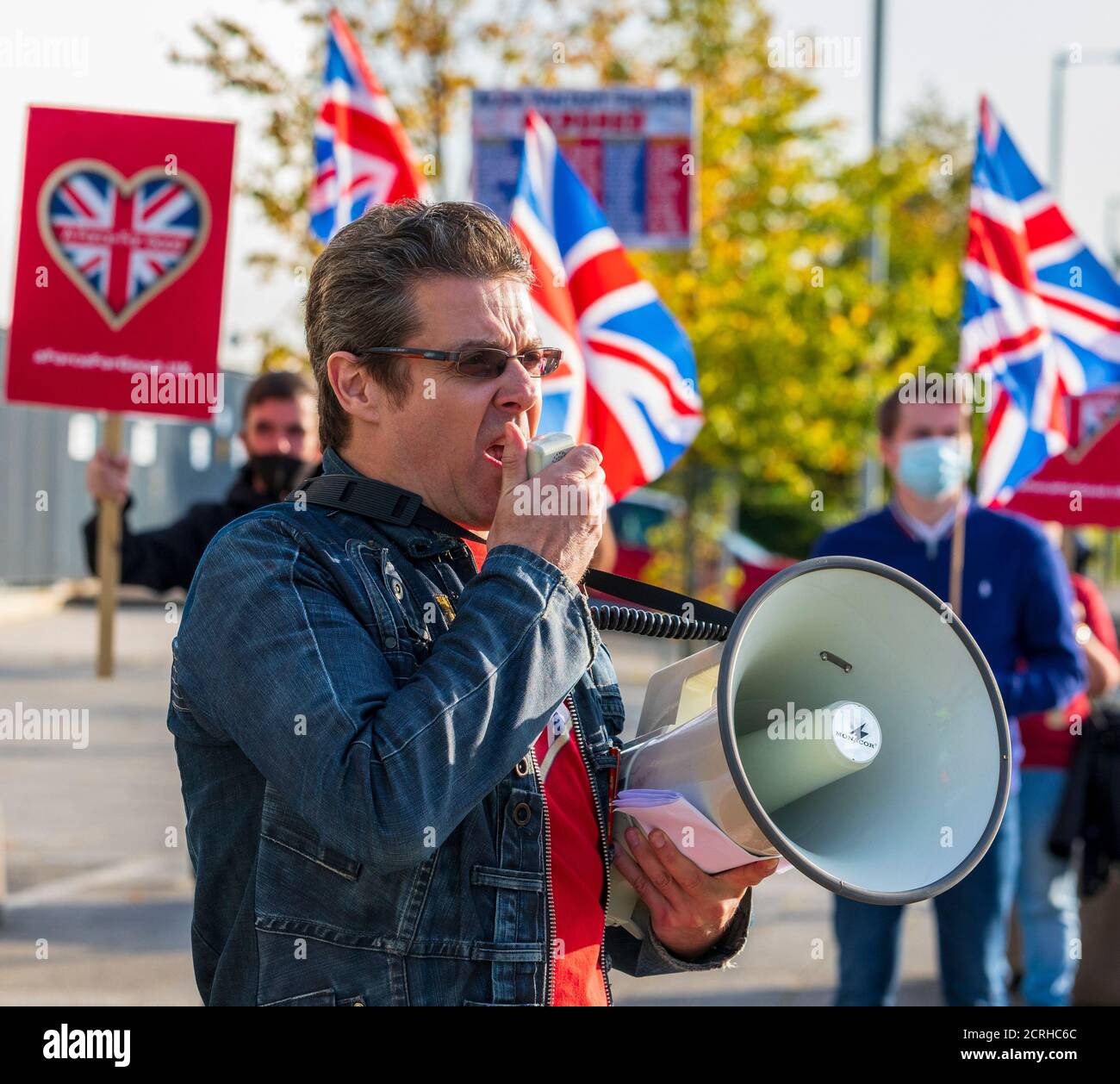 Alistair McConnachie, the leader of the Pro Unionist political pressure group called 'a Force for Good' at a political rally, Glasgow, Scotland, UK Stock Photo