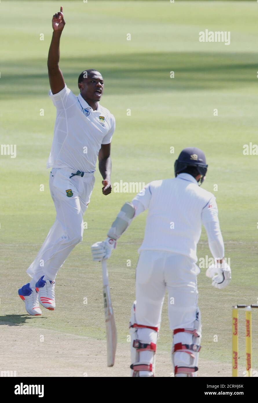 Cricket - Sri Lanka v South Africa - Second Test cricket match - Newlands Stadium, Cape Town, South Africa - 03/01/2017. South Africa's Kagiso Rabada celebrates taking the wicket of Sri Lanka's Dinesh Chandimal. REUTERS/Mike Hutchings Stock Photo