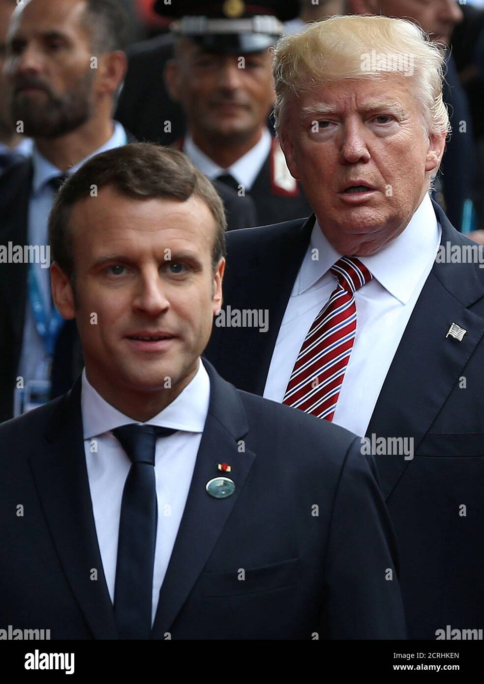France’s President Emmanuel Macron and U.S. President Donald Trump attend the G7 summit in Taormina, Sicily, Italy, May 26, 2017. REUTERS/Alessandro Bianchi Stock Photo