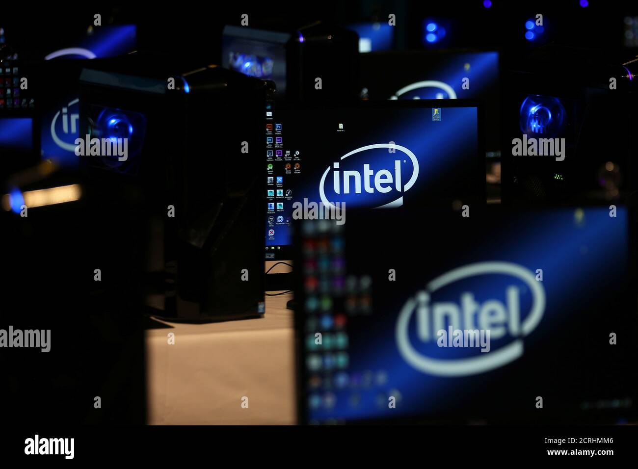 The Intel logo is displayed on computer screens at SIGGRAPH 2017 in Los Angeles, California, U.S. July 31, 2017.  REUTERS/Mike Blake Stock Photo