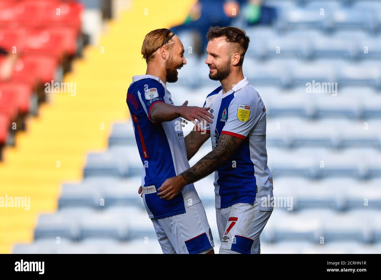 Adam Armstrong (7) of Blackburn Rovers celebrates his goal with Harry Chapman (11) Stock Photo