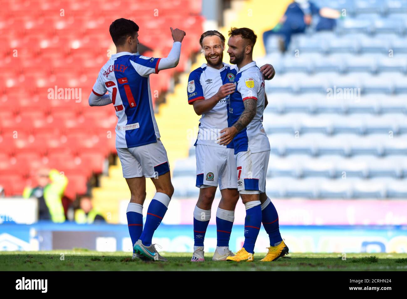 Adam Armstrong (7) of Blackburn Rovers celebrates his goal with Harry Chapman (11) & John Buckley (21) to make the score 5-0 Stock Photo