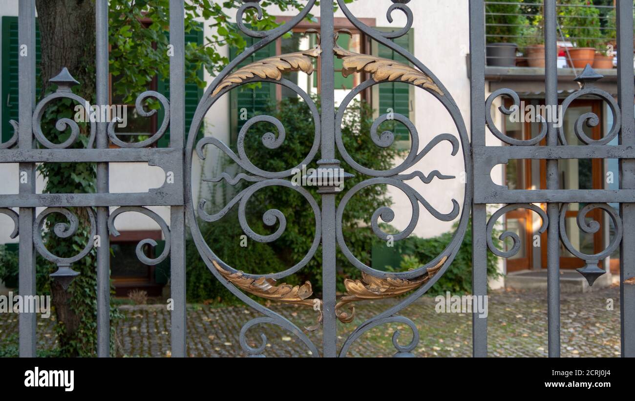 Close up of an iron door with decorations Stock Photo