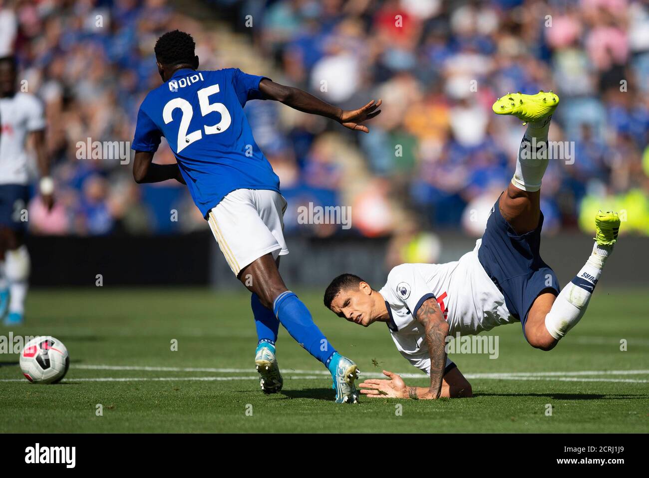 Tottenham Hotspurs' Erik Lamela flies through the air after a tackle from Wilfred Ndidi PHOTO CREDIT : © MARK PAIN / ALAMY STOCK PHOTO Stock Photo