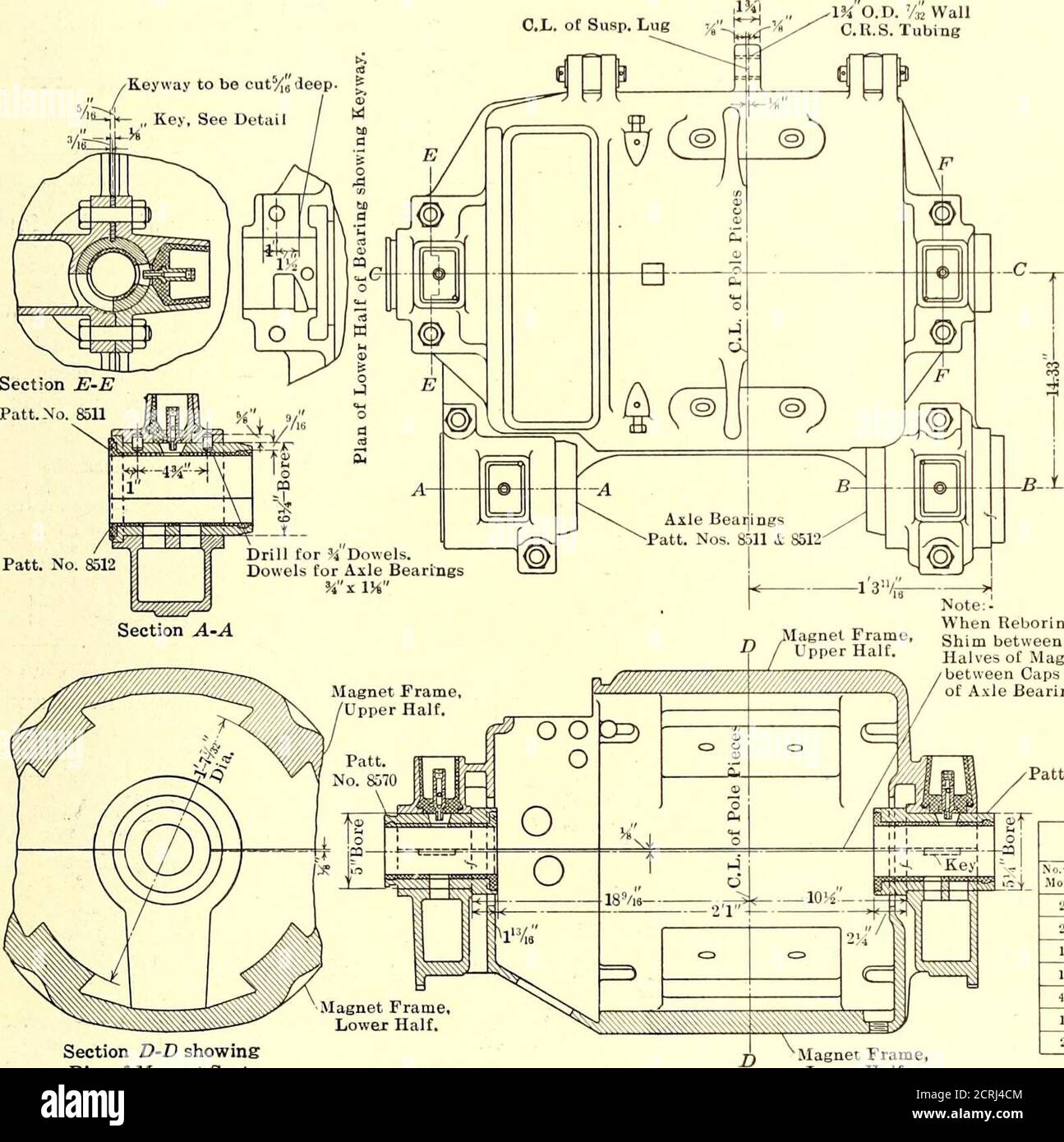 Electric railway journal . 81 motor which shows the rebored bear-ing fits.  The same drawing also shows the positions of the 5/16-in. C.L. of Susp. Lug  of leads at the commutator