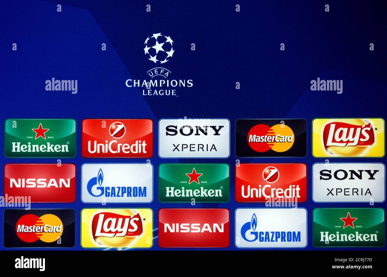 The logo of UEFA Champions League soccer tournament is seen over different  logos of official partners at Vicente Calderon stadium in Madrid, Spain,  March 14, 2016. REUTERS/Sergio Perez Stock Photo - Alamy