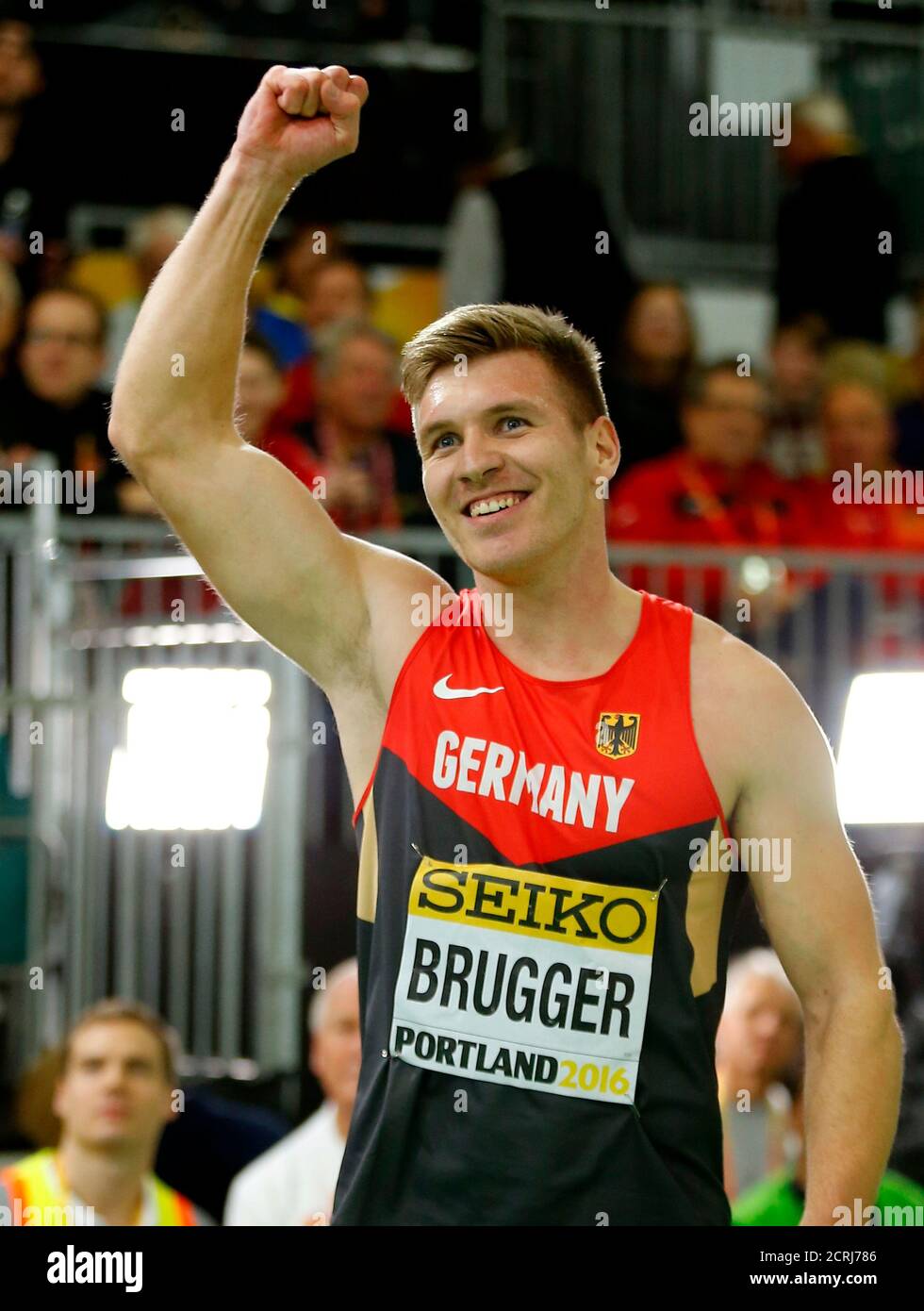 Mathias Brugger of Germany celebrates winning the bronze medal in the men's heptathlon during the IAAF World Indoor Athletics Championships in Portland, Oregon March 19, 2016. REUTERS/Mike Blake Stock Photo