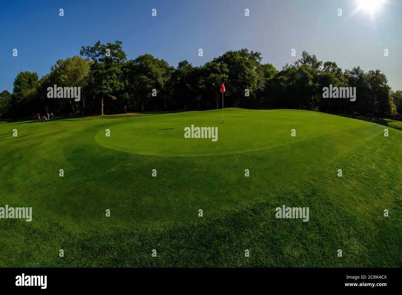 sunny fisheye wide view of putting green hole on golf course Stock