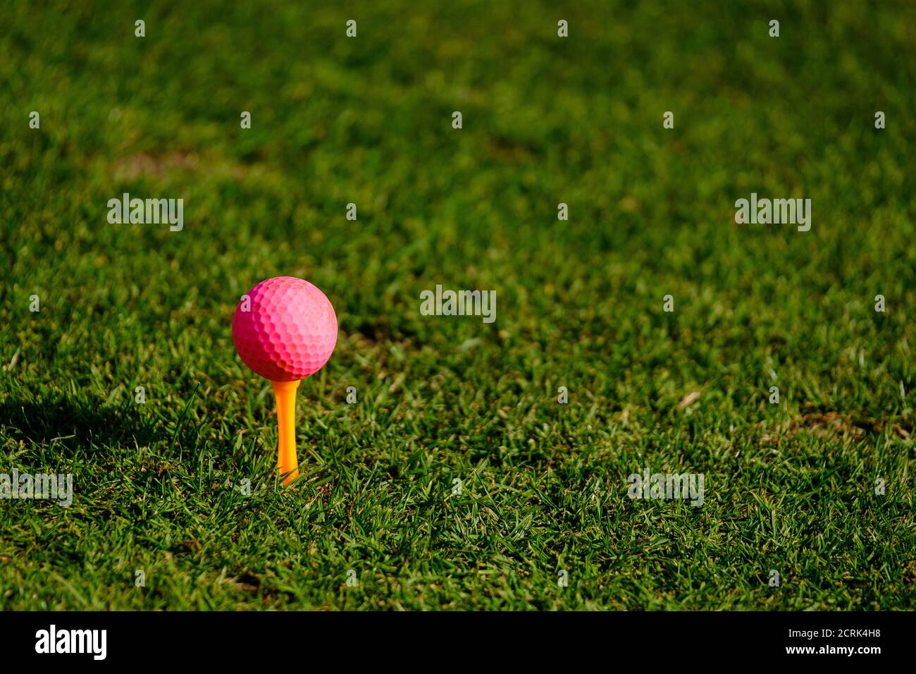 Close-up of pink golf ball on yellow tee on grass golf course Stock Photo