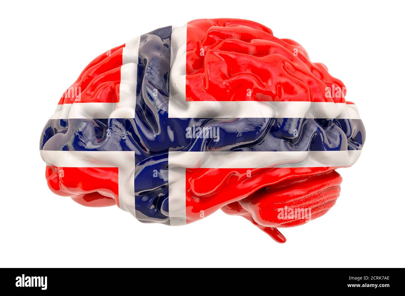 Human brain with Norwegian flag. Scientific research and education in Norway concept, 3D rendering isolated on white background Stock Photo